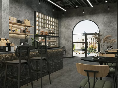 Modern Café Interior Design With Arched Window Bar Counter And Pastries 3d model