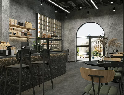 Modern Café Interior Design With Arched Window Bar Counter And Pastries 3d model