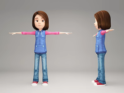 3D Cartoon Girl Character In Different Angles With Blue Vest Pink Sleeves And Outstretched Arms 3d model