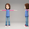 3D Cartoon Girl Character In Different Angles With Blue Vest Pink Sleeves And Outstretched Arms