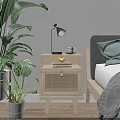 Wooden Bedside Table With Wicker Door Table Lamp Books And Green Plant Next To Bed