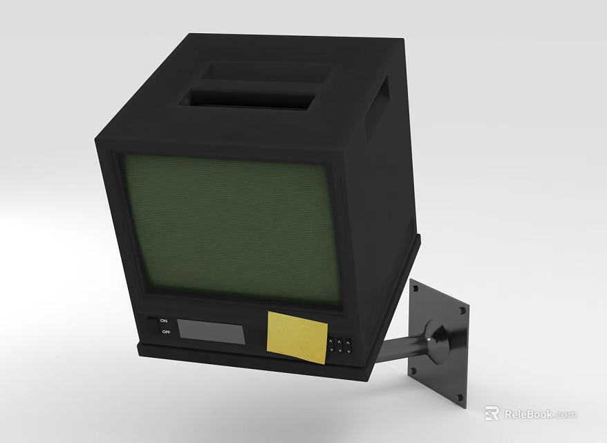 Black Vintage Television With Green Screen Wall Mounted Control Panel And Yellow Sticker 3d model 