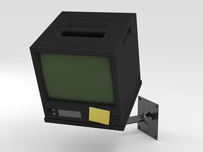 Black Vintage Television With Green Screen Wall Mounted Control Panel And Yellow Sticker 3d model