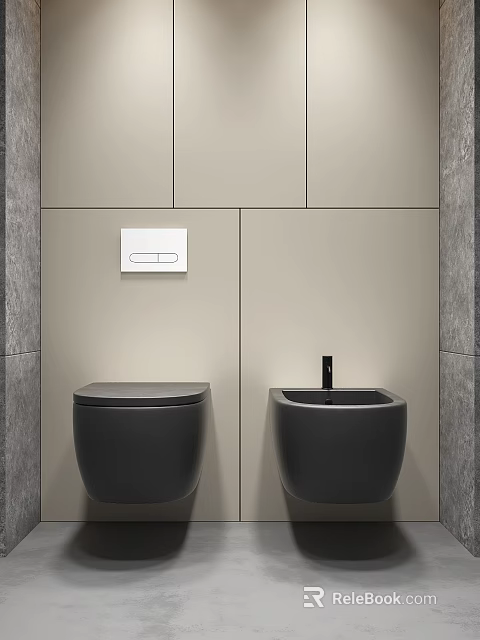 Modern Bathroom Interior With Gray Walls Black Toilet White Flush Button And Black Sink 3d model 
