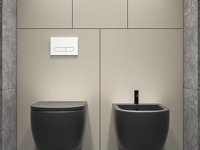 Modern Bathroom Interior With Gray Walls Black Toilet White Flush Button And Black Sink 3d model