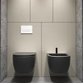 Modern Bathroom Interior With Gray Walls Black Toilet White Flush Button And Black Sink