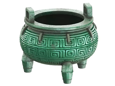 Traditional Green Ceramic Vessel with Intricate Geometric Patterns Three Legs and Double Handles Design 3d model