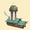 Cartoon Scene Of Detailed Wooden Building With Green Roof White Stone Tower And Smoking Chimney