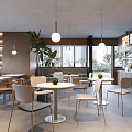 Modern Sweet Shop Interior With Cozy Tables Chairs Dessert Display Lighting And Green Plants