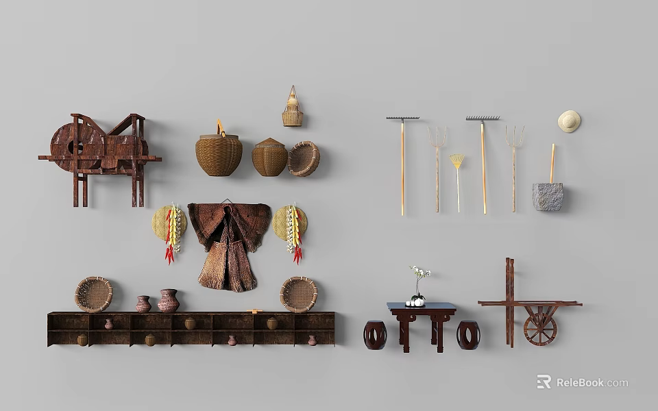 Handcrafted Garden Decorative Items With Woven Baskets Tools Hanging Ornaments And Wooden Cart 3d model 