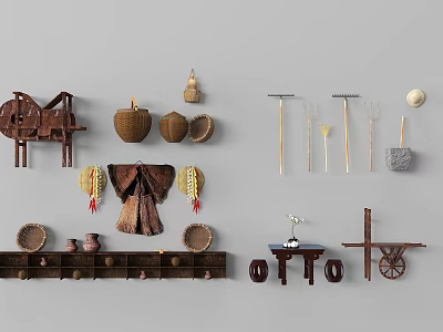 Handcrafted Garden Decorative Items With Woven Baskets Tools Hanging Ornaments And Wooden Cart 3d model