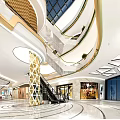 Modern Shopping Mall Store Interior With Geometric Ceiling Escalators And Glass Storefronts
