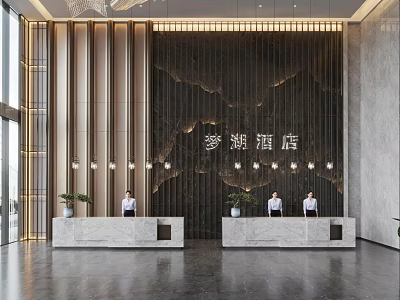 Modern Hotel Lobby Interior Design With Reception Desks Decorative Wall Lighting Plants And Staff 3d model