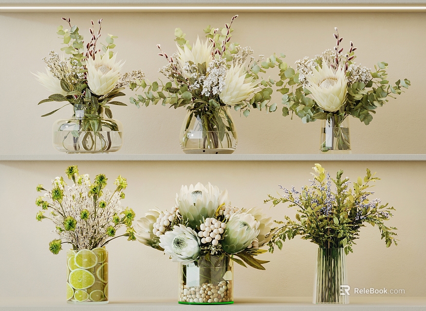 Multiple Decorative Vases With White Flowers Green Foliage Purple Accents On Shelves 3d model 