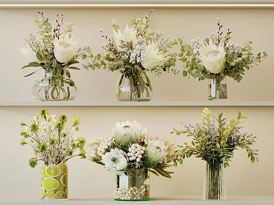 Multiple Decorative Vases With White Flowers Green Foliage Purple Accents On Shelves 3d model