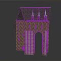 Medieval Castle Gateway Structure With Stone Walls Arched Entry And Spire Towers