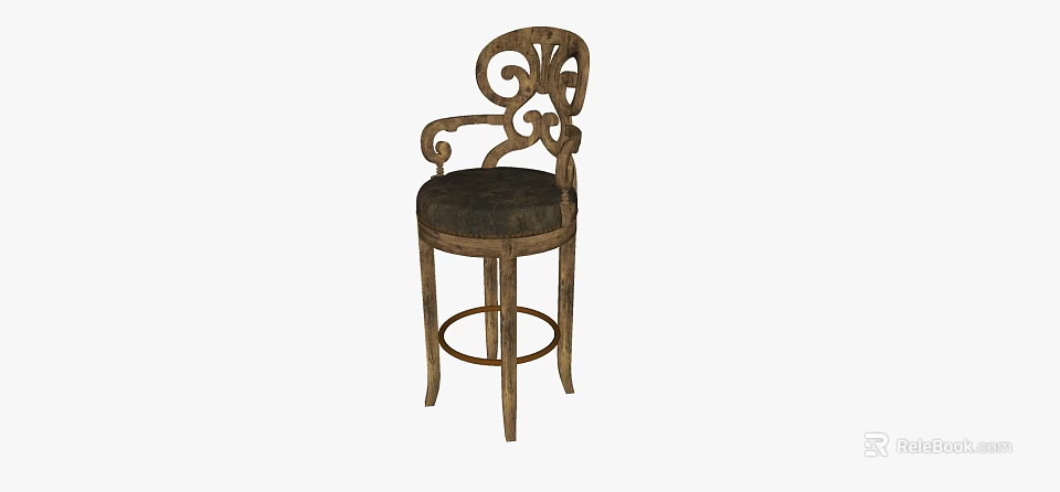 Vintage Bar Stool With Carved Armrests Dark Upholstered Seat And Wooden Legs 3d model 