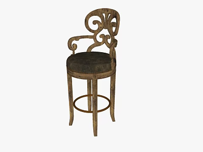 Vintage Bar Stool With Carved Armrests Dark Upholstered Seat And Wooden Legs 3d model