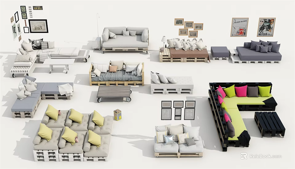 Various Modern Sofa Sets With Colorful Cushions And Wooden Frames 3d model