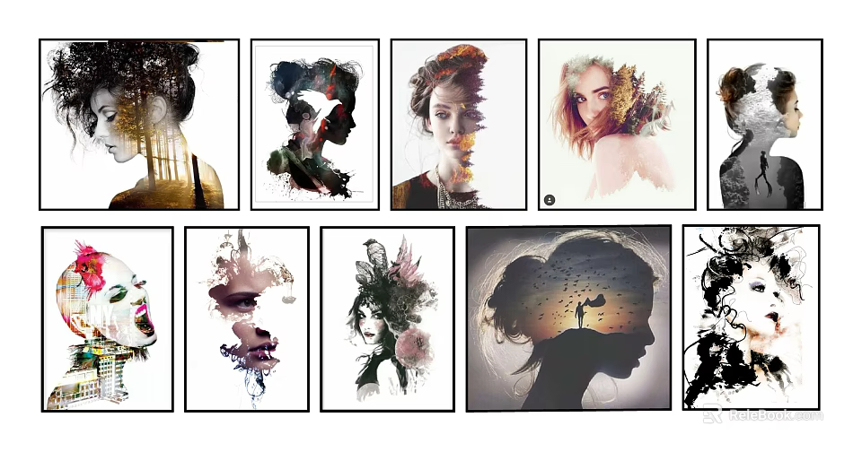 Various Artistic Portrait Paintings With Silhouette Watercolor And Natural Motifs 3d model 