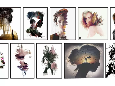 Various Artistic Portrait Paintings With Silhouette Watercolor And Natural Motifs 3d model