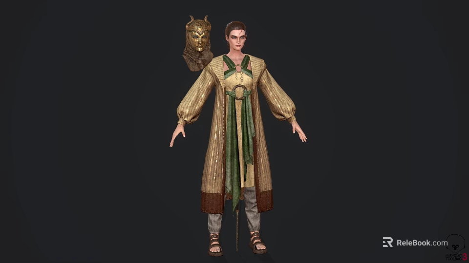Game Movie Character 3D Model In Traditional Robe With Green Sash Lion Head Shoulder Accessory 3d model 