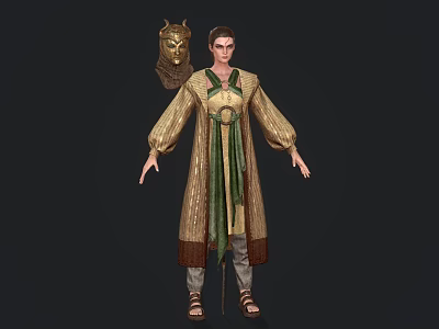 Game Movie Character 3D Model In Traditional Robe With Green Sash Lion Head Shoulder Accessory 3d model