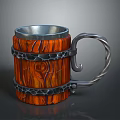Rustic Wooden Mug with Intricate Wood Grain Silver Metal Bands and Curved Handle