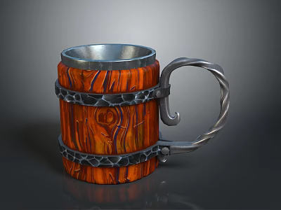 Rustic Wooden Mug with Intricate Wood Grain Silver Metal Bands and Curved Handle 3d model