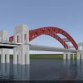 Red Arch Bridge With White Piers And Towers Over Calm Water Under Blue Sky