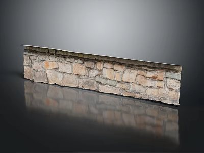 Rustic Natural Stone Wall Construction With Wooden Top Accent And Varied Textured Blocks 3d model