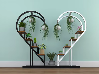 Heart Shaped Black And White Shelving Unit With Hanging Plants And Potted Greenery 3d model