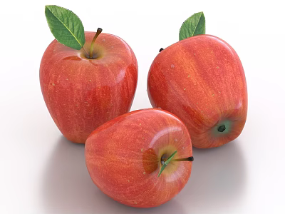 Fresh Ripe Red Apples with Green Leaves Arranged on Shiny Smooth Surface 3d model