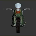 Green Motorcycle With Orange Seat Transparent Windshield Golden Exhaust And Unique Design