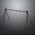 Rustic Wooden Tripod Frame Design With Horizontal Bar And Hanging Hooks 3d model