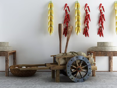 Rustic Garden Decor With Hanging Corn Red Chilies Wooden Cart And Stone Mill 3d model