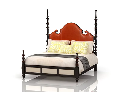 Double Bed With Red Leather Headboard Dark Frame Four Poster And Yellow Pillows 3d model