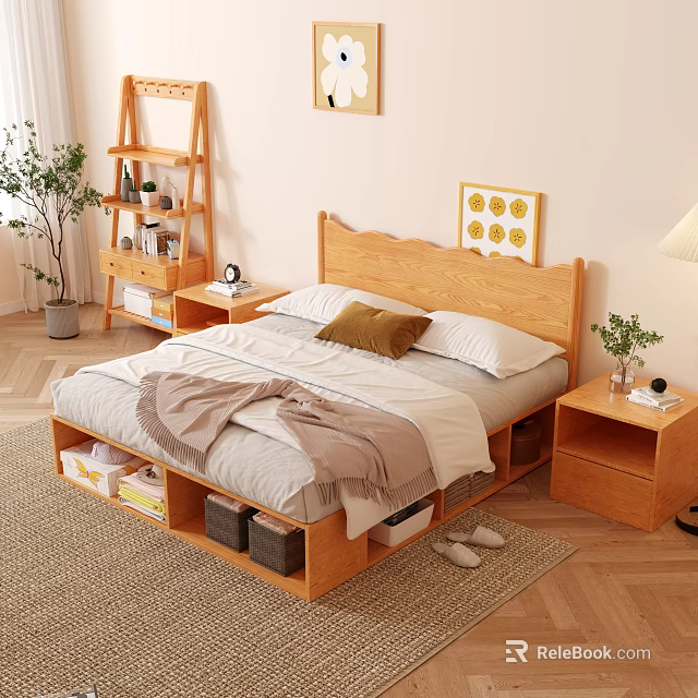 Cozy Wooden Double Bed with Storage Drawers and Nightstands in Modern Bedroom 3d model 