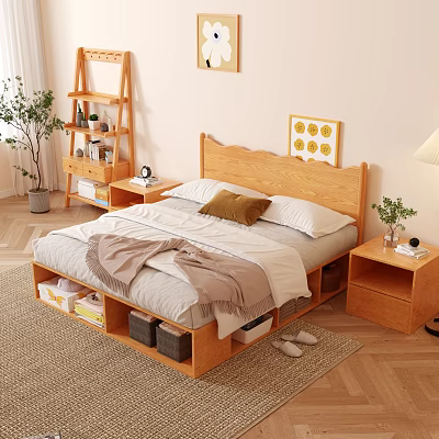 Cozy Wooden Double Bed with Storage Drawers and Nightstands in Modern Bedroom 3d model