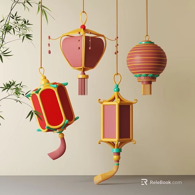 Colorful Traditional Chinese Lanterns With Bamboo And Decorative Tassels Hanging 3d model 