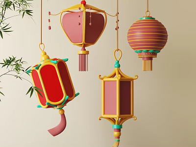 Colorful Traditional Chinese Lanterns With Bamboo And Decorative Tassels Hanging 3d model