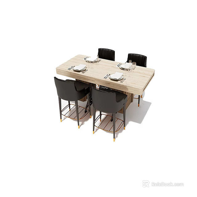 Wooden Rectangular Dining Table Set with Black Chairs Gold Legs and Tableware 3d model