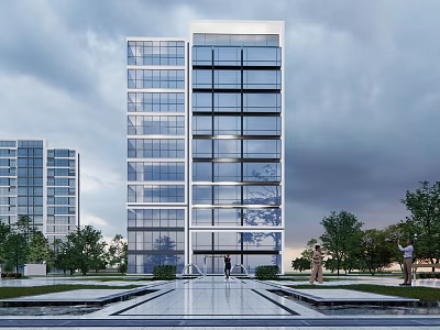 Tall Modern Office Building With Glass Curtain Wall And Front Plaza With Pedestrians 3d model