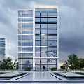 Tall Modern Office Building With Glass Curtain Wall And Front Plaza With Pedestrians