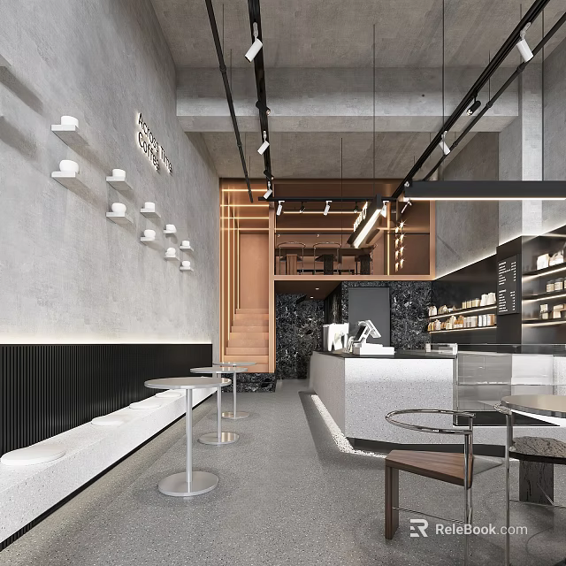 Modern Café Interior Design With Concrete Ceiling Wooden Staircase Bar Counter And Round Tables 3d model 