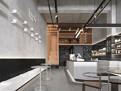 Modern Café Interior Design With Concrete Ceiling Wooden Staircase Bar Counter And Round Tables 3d model