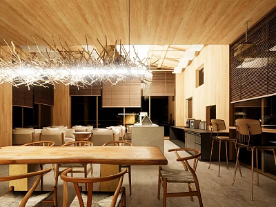 Modern Restaurant Interior With Wooden Ceiling Chandelier Open Layout Dining Table And Bar Counter 3d model