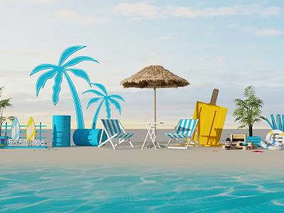 Beachside Relaxation Setup With Palm Trees Straw Umbrella Yellow Ice Cream Decoration And Deck Chairs 3d model