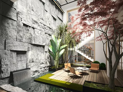 Garden Landscape With Gray Stone Wall Waterfall Red Leaf Tree Green Lawn And Wooden Deck 3d model