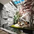 Garden Landscape With Gray Stone Wall Waterfall Red Leaf Tree Green Lawn And Wooden Deck